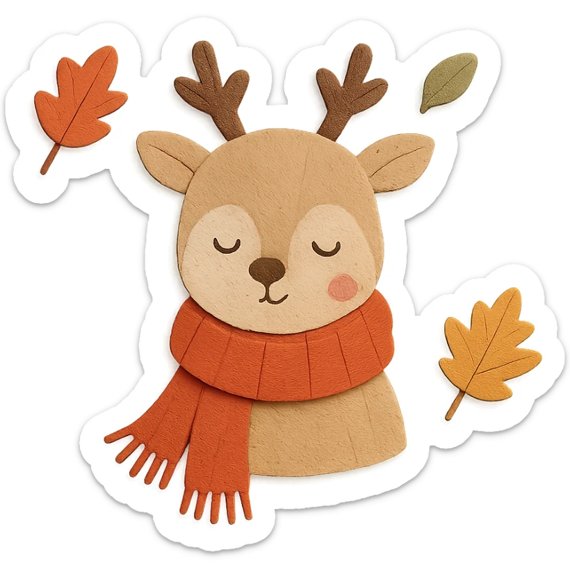 deer in a wooly scarf among falling leaves, cozy fall palette, paper-craft style sticker