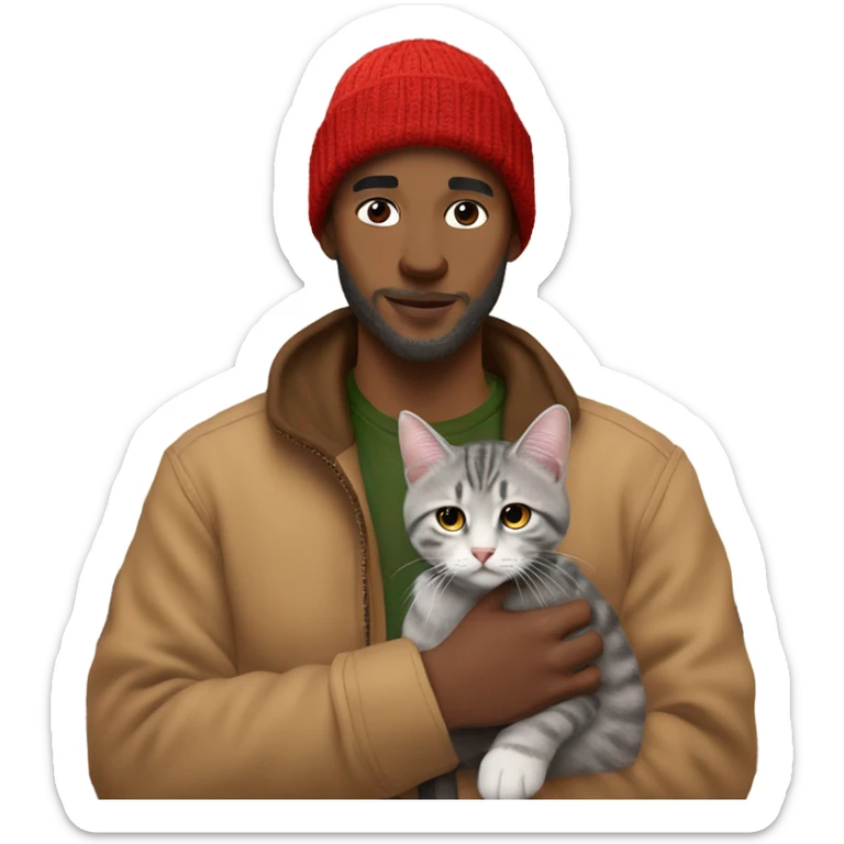 white 28 year old man with gray hair red beanie, and tan carhartt coat on holding a tabby cat in a home office sticker