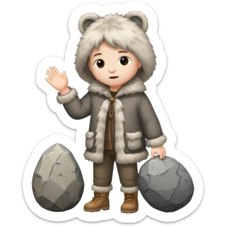a full body of kid wearing fur clothing, playing stone



















 sticker