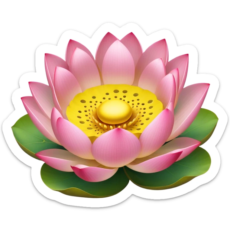 Simple pink lotus flower with accurate yellow seedpod center with distinct holes for seeds, surrounded by pink petals and characteristic notched lotus leaf sticker