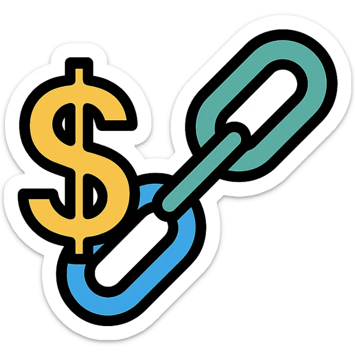 money link icon, showing a chain connecting a dollar sign, color outline style sticker