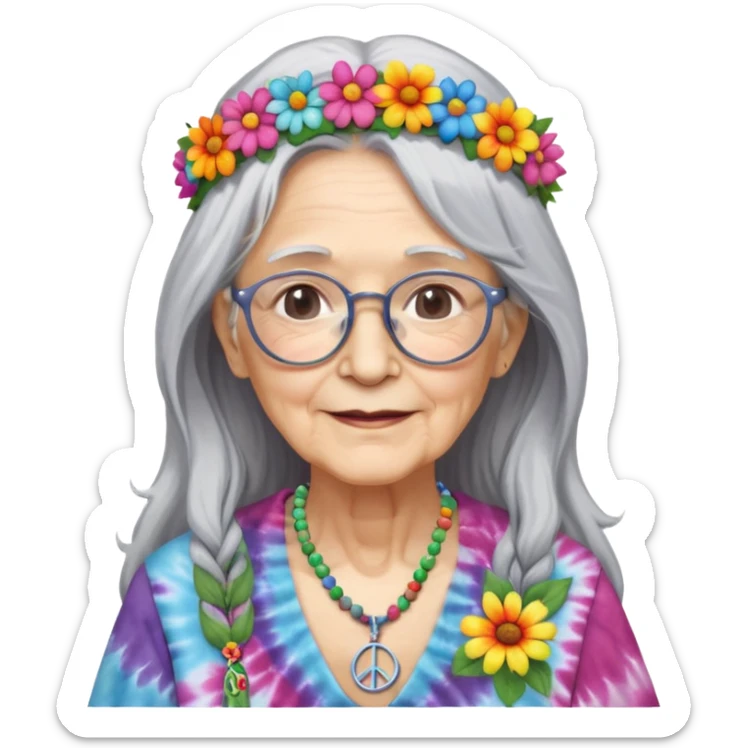 elderly woman with long grey hair, glasses, peace sign necklace, tie-dye clothing, flower crown sticker