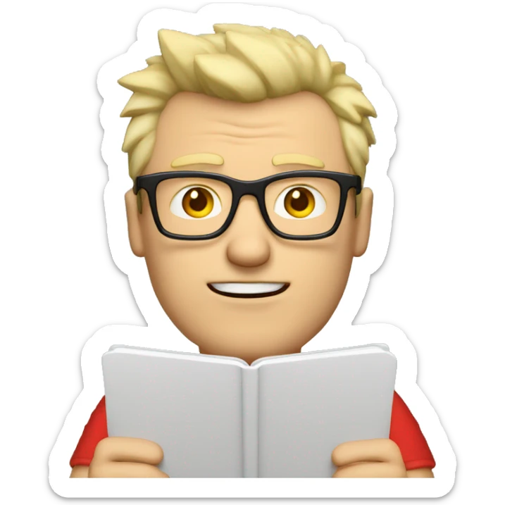 Nerdy middle aged white man with short blond spiky hair looking confused and wearing glasses and a red tee shirt holding a tablet sticker