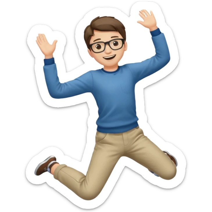 Very excited boy, jumping for joy, full body, eyes closed, wearing glasses sticker