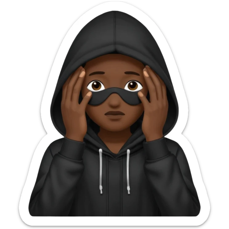 🥷🏽: inspire toi de cet emoji faisant en sorte qu’il est les mains sur ses yeux et garde sa cagoule noir sticker