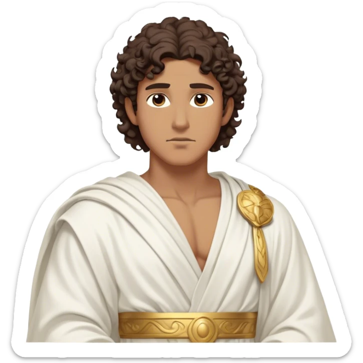 Cinematic Realistic Hercules Portrait, depicted as a classical Greek hero inspired by the Disney version yet echoing the refined proportions and serene dignity of Michelangelo's David. His idealized, tan skin glows with timeless strength, and his thick, curly wavy dark brownhair falls in natural, sculpted curls. Draped in a flowing white robe with delicate golden accents, his expressive eyes radiate determined nobility, all rendered under dynamic natural lighting with a mythic, radiant glow. sticker