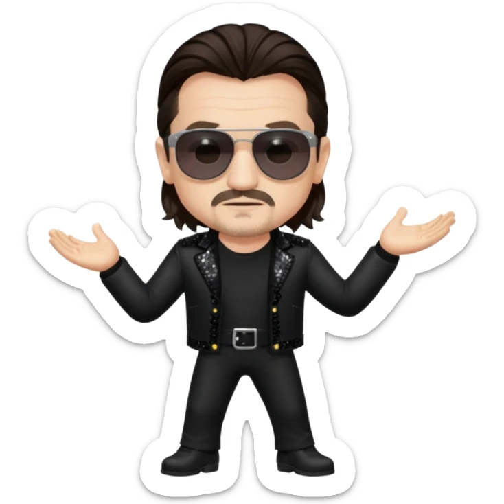 Bono with long dark brown hair, black sequin tour outfit sticker