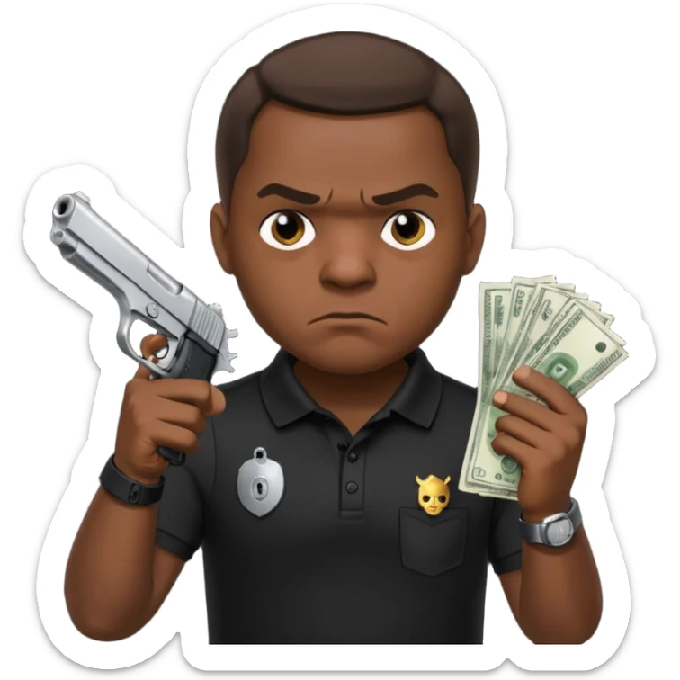 franklin saint from snowfall perhaps holding money and gun but he is mad and with a black polo shirt sticker