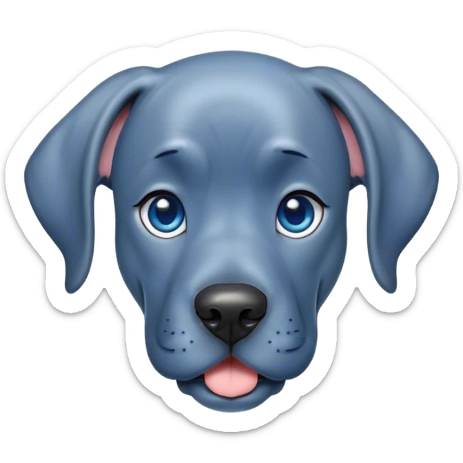 Cinematic Cute Blue Great Dane Portrait Emoji, Head tilted playfully and inquisitively, featuring a glossy blue Fur with a refined sheen, round, sparkling steel-blue eyes filled with curiosity, Simplified yet irresistibly adorable features, highly detailed, glowing with a warm, friendly glow, high shine, affectionate and gentle, stylized with a touch of whimsy, bright and endearing, soft glowing outline, capturing the essence of a mischievous yet loving pup, so playful it feels like it could lumber out of the screen and into your arms! sticker