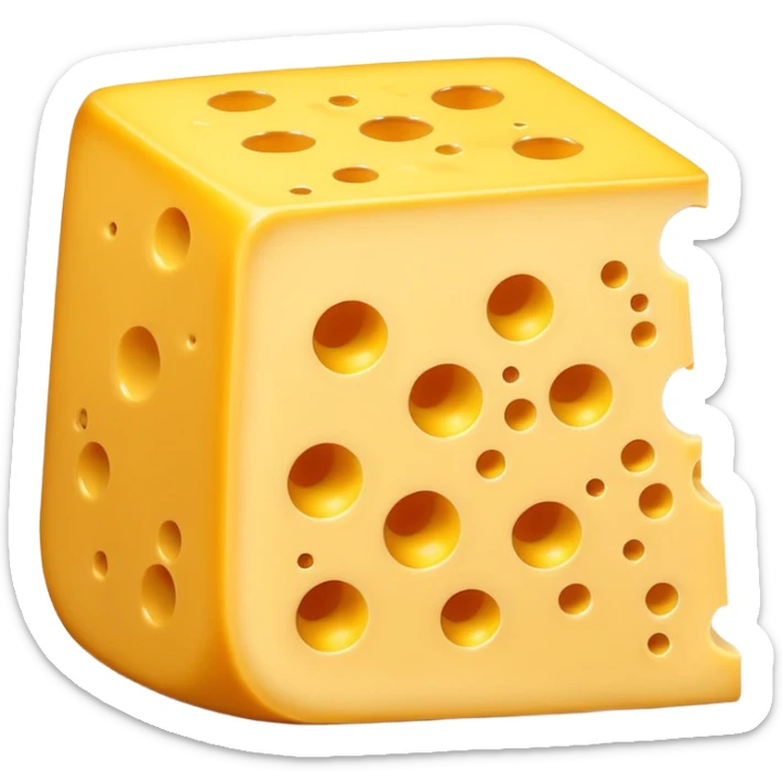 A 3D cartoon wedge of yellow cheese with round holes, bright tone, soft shadow, Memoji-style. sticker