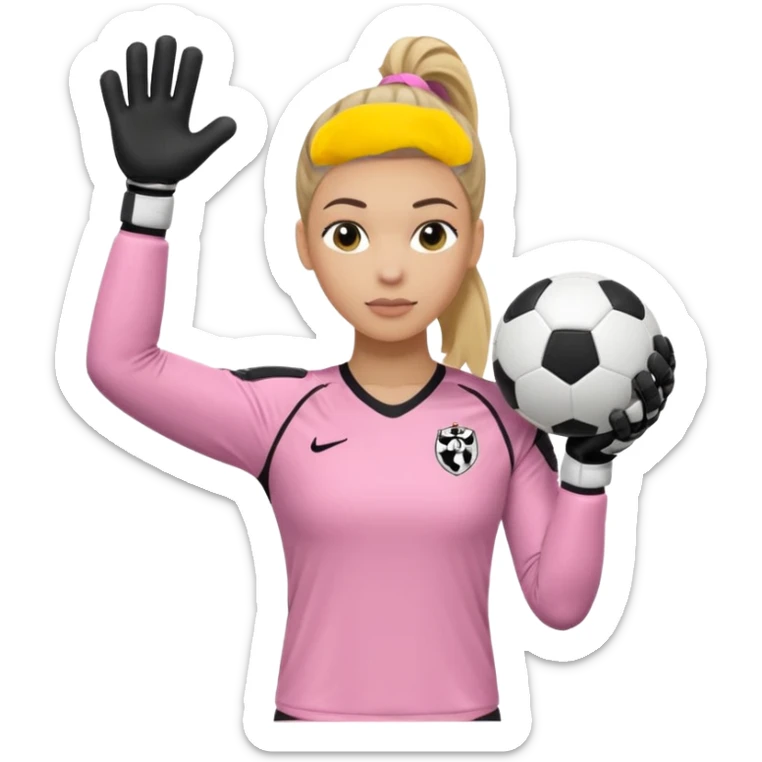 Make a dirty blonde football goalkeeper with goalkeeper gloves on. light skinned and wearing a light pink football kit. Wearing one ponytail on back of head. Make it without the whole body. With full sleeves. No RUGBY BALL JUST BLACK AND WHITE BALL. Holding ball under armpit. Other hand hanging down sticker
