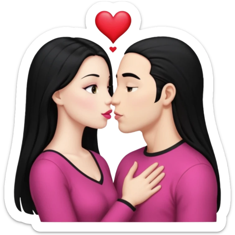👩🏻‍❤️‍💋‍👨🏻 this one but the man should be bald. white woman with long black hair and white bald young man whoitiut hair and a heart between their heads. she has pink lips and both have brown eyes. sticker