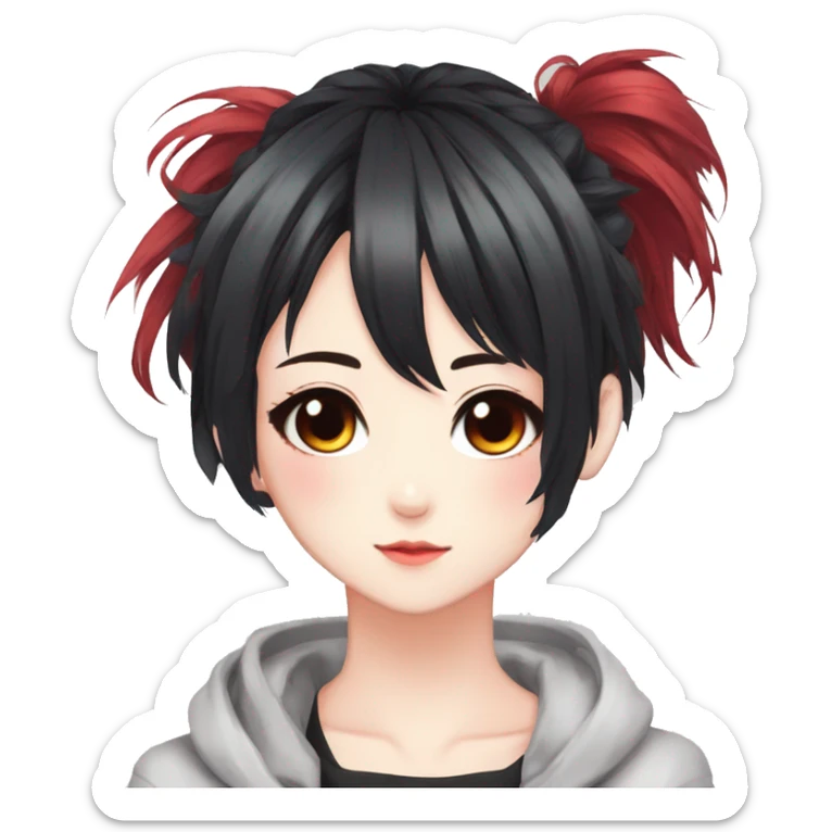 Gorgeous anime style shojo character with blushing face aesthetic and pretty edgy black red punk hair with hair garment trending style sticker