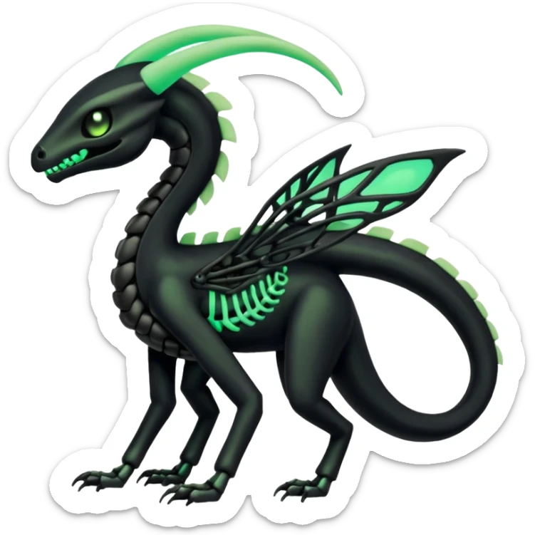 Obsidian-black and neon-glowing-green skeletal Meloetta-Salandit-Gorebyss-Salazzle-Pokémon-Fakémon-creature-fusion-hybrid sticker