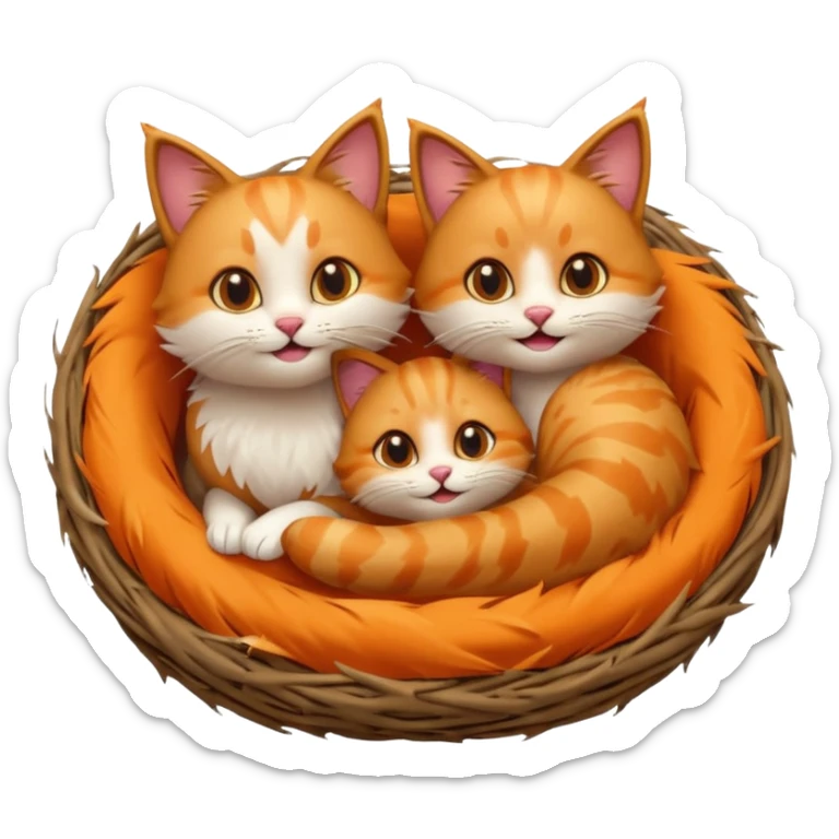 two playful cats sitting in a bird's nest, emoji style, tails curled, joyful sticker