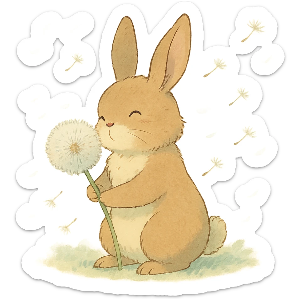 bunny holding a dandelion in the breeze, gentle spring vibe, soft pastel colors, transparent background, ghibli style sticker