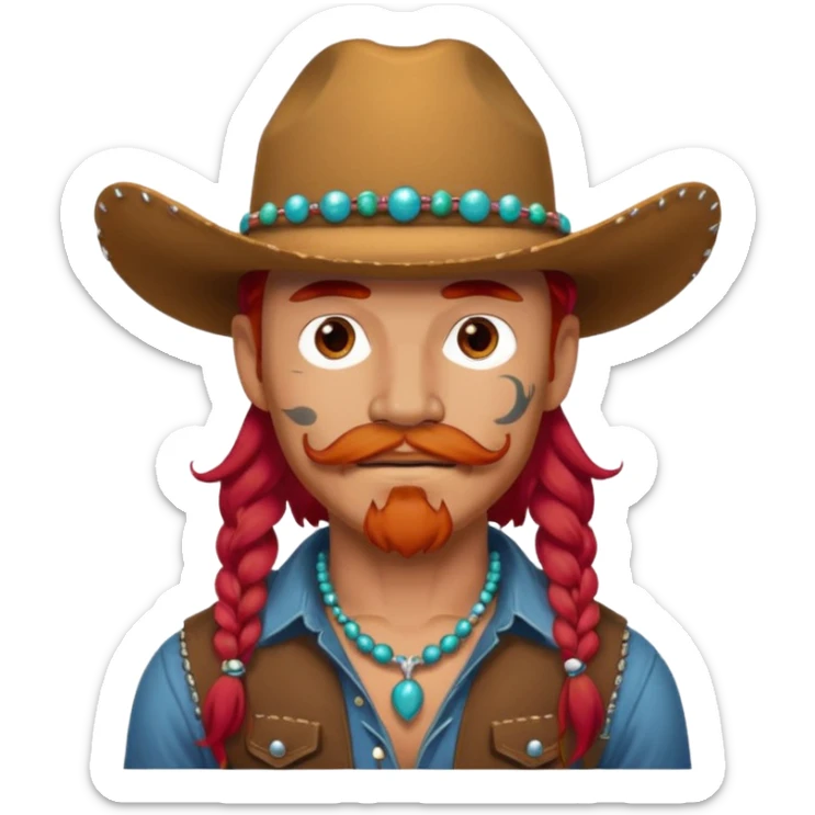mustached cowboys bead and long red hair with tattoos on face  sticker