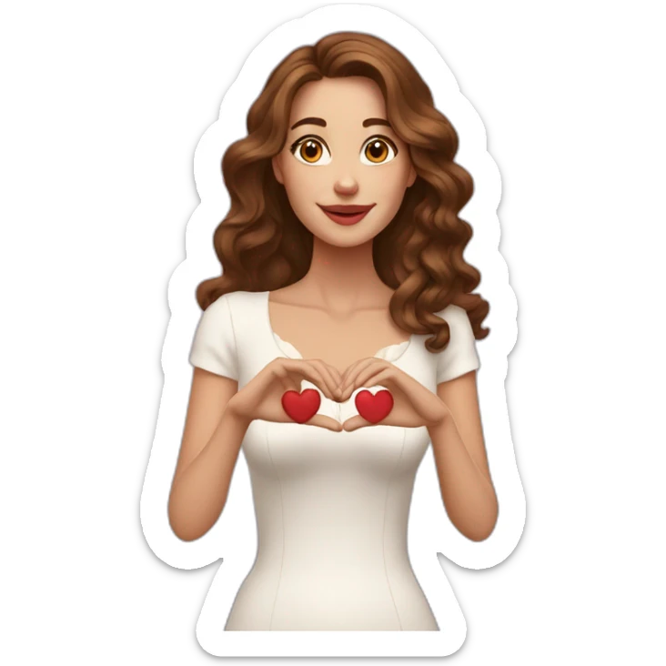 white beautiful woman, brown wavy hair, making heart by two hands, long earrings sticker