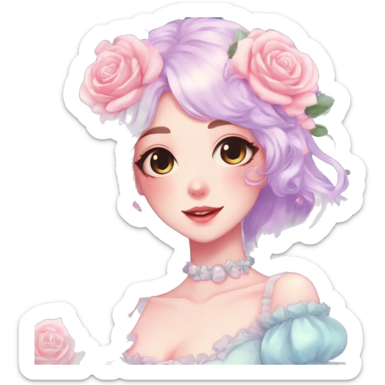 Gorgeous pastel anime style lady with blushing face and roses cottagecore fairycore pastelcore shiny colorful pearly aesthetic trending style sticker