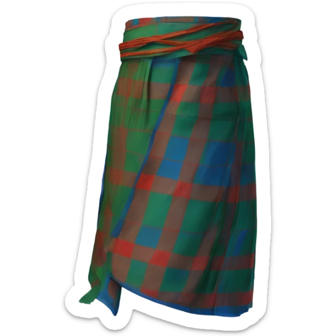  a traditional lungi, displayed as if being worn, tied at the waist, with realistic folds and drapes. The lungi should have a simple yet elegant design, such as striped or checkered patterns, in vibrant colors like blue, green, or red.  sticker