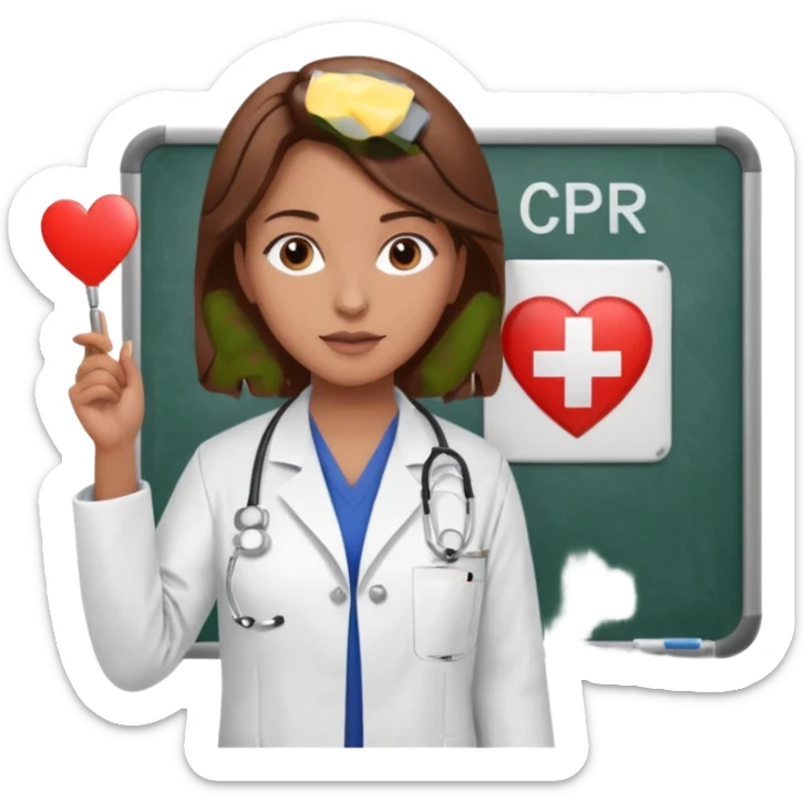 Teacher, female, brown hair up, holding a pointer to a white board with a CPR logo. sticker