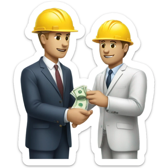 A construction worker giving money to another man in a suit.  The man on the left should have white skin and no hat.  sticker