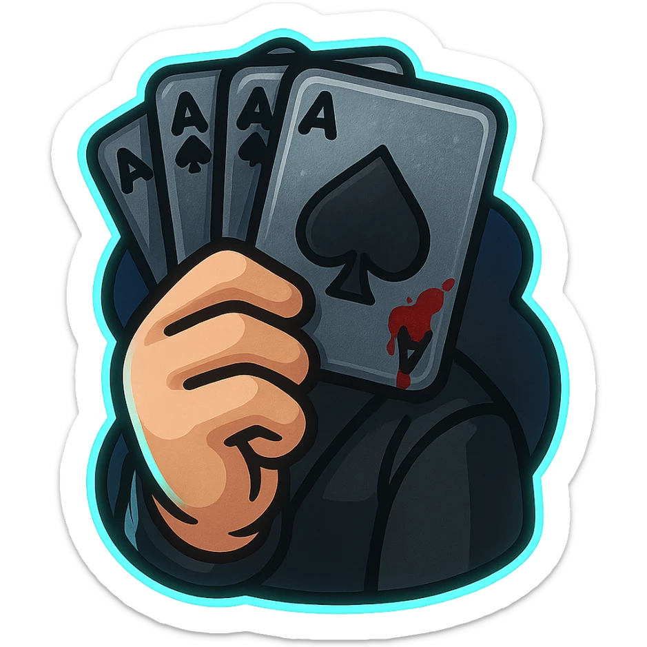 chibi-style hand holding playing cards close to chest, one card subtly bloodstained, silver and black deck, hint of strategy and manipulation, neon glow, 90s noir meets underworld elegance sticker