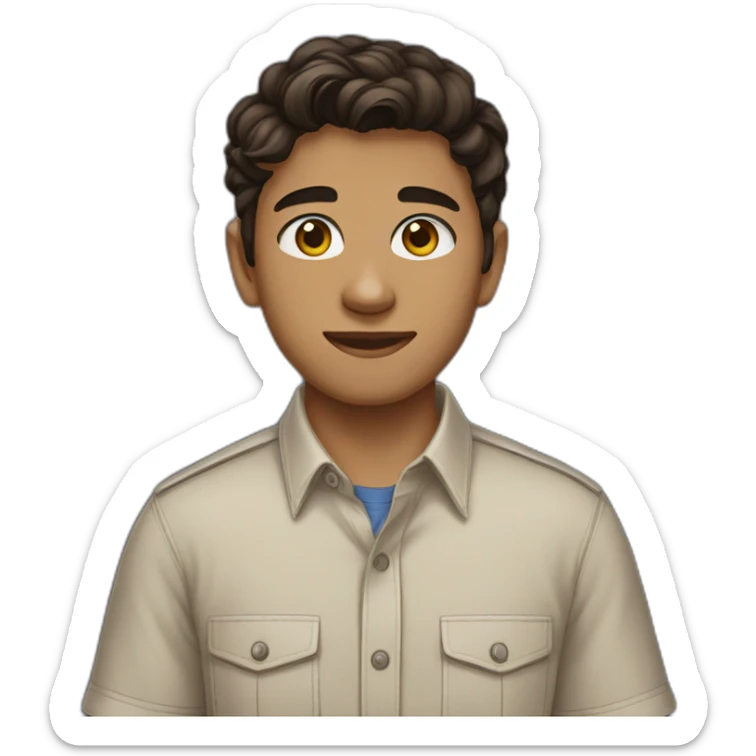 teenage boy with dark brown hair, brown eyes, wearing a short sleeve button down shirt with a trans flag pin sticker