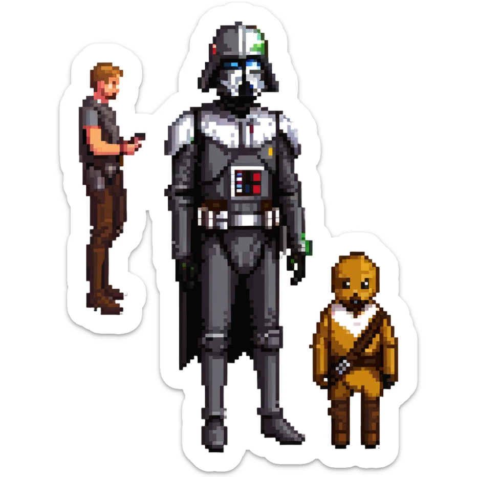 Neger meeting Ryan Gosling in a Star Wars costume with simple background in pixel art style sticker