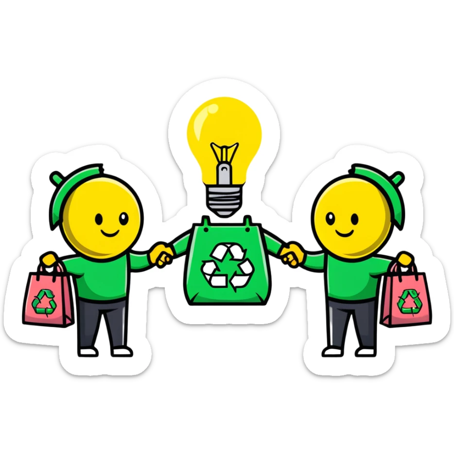 a lightbulb and a battery holding hands, each with recycling bags, walking to recycle sticker