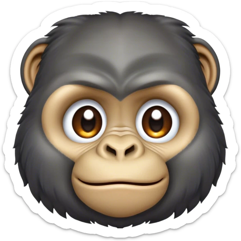 Cinematic Cute Gorilla Portrait Emoji, Head tilted playfully and inquisitively, with a robust, endearingly soft face accented by tender fur and round, sparkling eyes full of warmth, Simplified yet irresistibly adorable features, highly detailed, glowing with a warm, friendly jungle glow, high shine, affectionate and lively, stylized with a touch of whimsical charm, soft glowing outline, capturing the essence of a mischievous yet loving gorilla that feels like it could lumber out of the screen into your arms! sticker