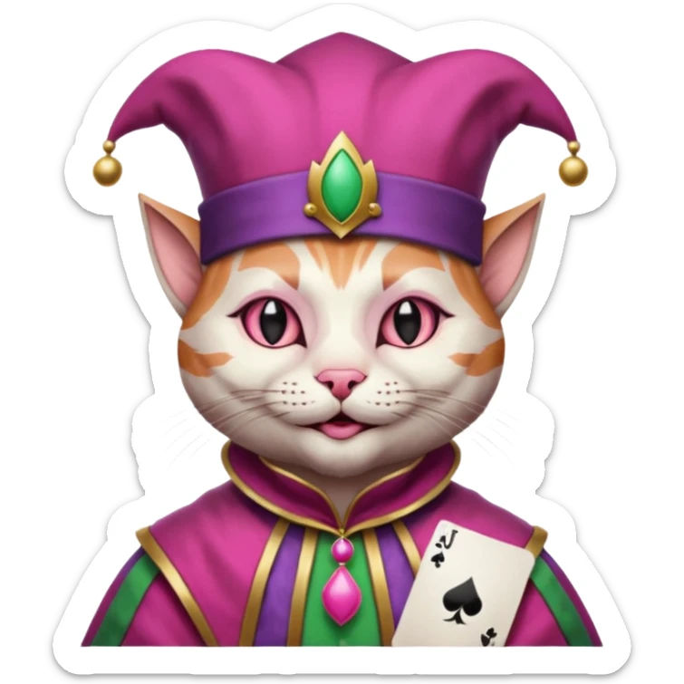 court jester cat medieval, single poker card joker clearly visible, pink, face only, round badge,  court jester cap sticker