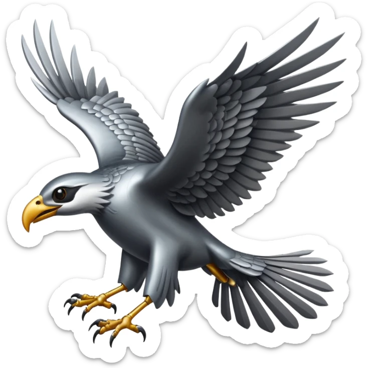 Emoji-style icon of a large metallic predatory bird flying, sharp wings, steel texture, dramatic pose, no gold sticker