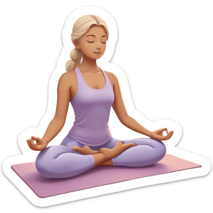 A peaceful person practicing yoga on a calm sea beach at sunrise, in a serene meditative pose. Soft pastel colors surround the scene, with gentle waves in the background and smooth, flowing lines representing balance and tranquility. The atmosphere feels centered and mindful. sticker