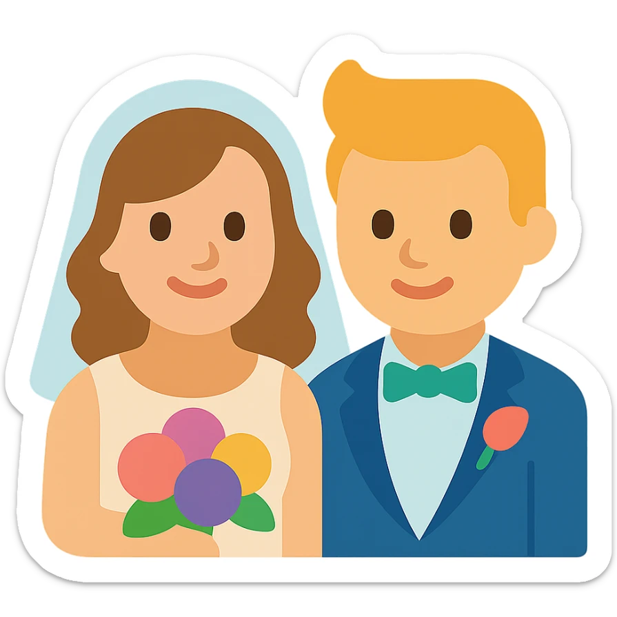 Georgie and Mandy inspired by the reference photo, in wedding outfits, colorful icon style, wedding scene sticker