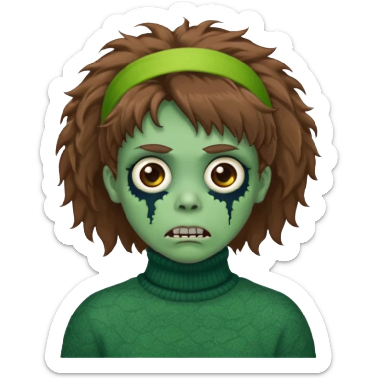 brown fluffy haired green zombie with turtleneck sweater and hair band sticker