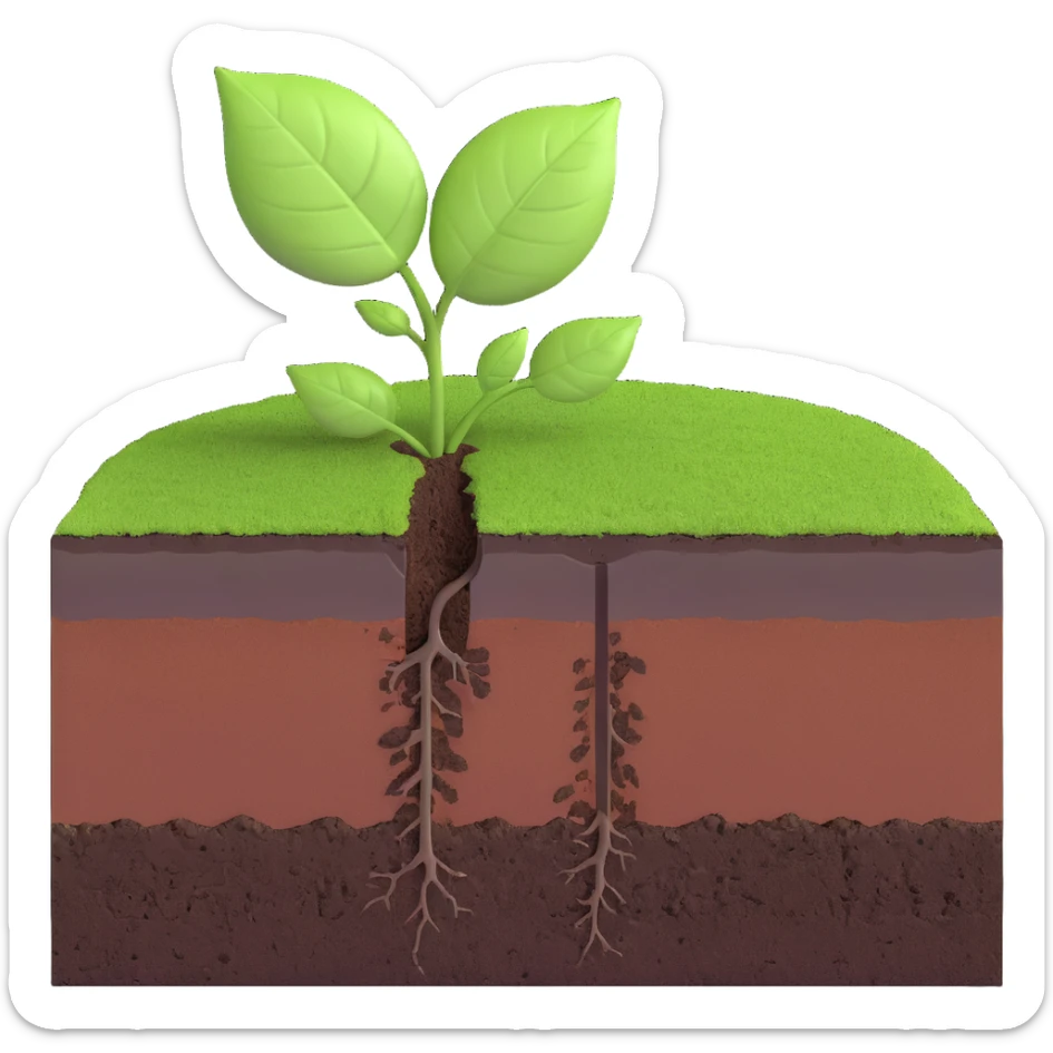 A fresh green leaf resting on the surface of a cross-section of the Earth, where soil and underground layers are visible beneath. Natural lighting, realistic textures. sticker