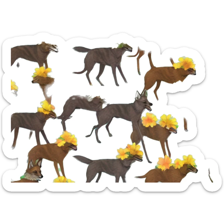  brindle brown black maroon striped lurcher Alsatian fox running blue eyes and iridescent holographic oilslick harness wearing paper iridescent tropical flower crown yellow caution tape sticker