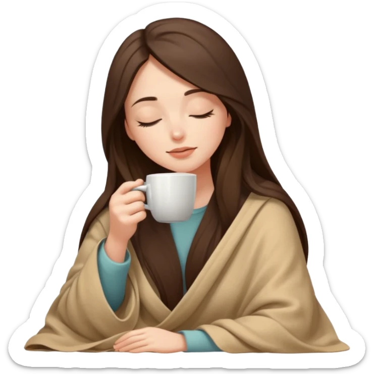 Brunette girl long hair inside a beige blanket sipping coffee eyes closed sticker