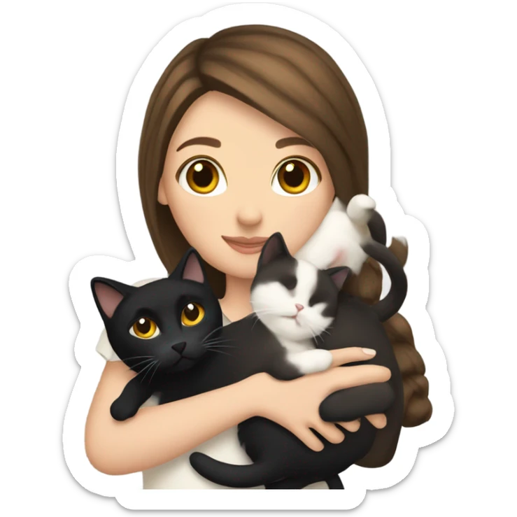 Brunette white girl holding a calico cat and a black cat sticker