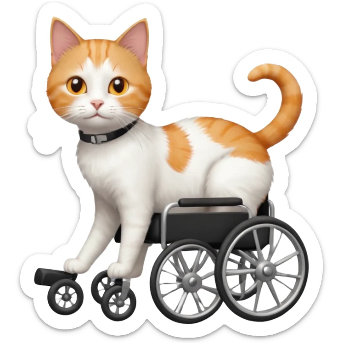 full body small short hair ginger and white cat with orange eyes walking in a wheelchair for cats sticker