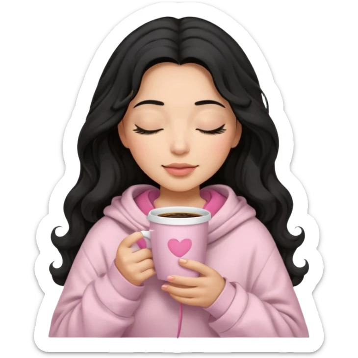 hispanic woman, black long wavy hair , closed eyes, feminine face, holding soft pink coffee cup wearing white Hoodie with pink blanket over shoulders sticker