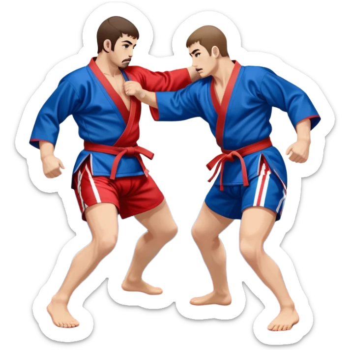 Two Sambo fighters in blue and red kimonos, with shorts and wrestling shoes, performing grappling and throwing techniques. The background shows a wrestling mat and an intense, focused atmosphere. Transparent background highlights the fluidity and skill of the sport without strikes. sticker