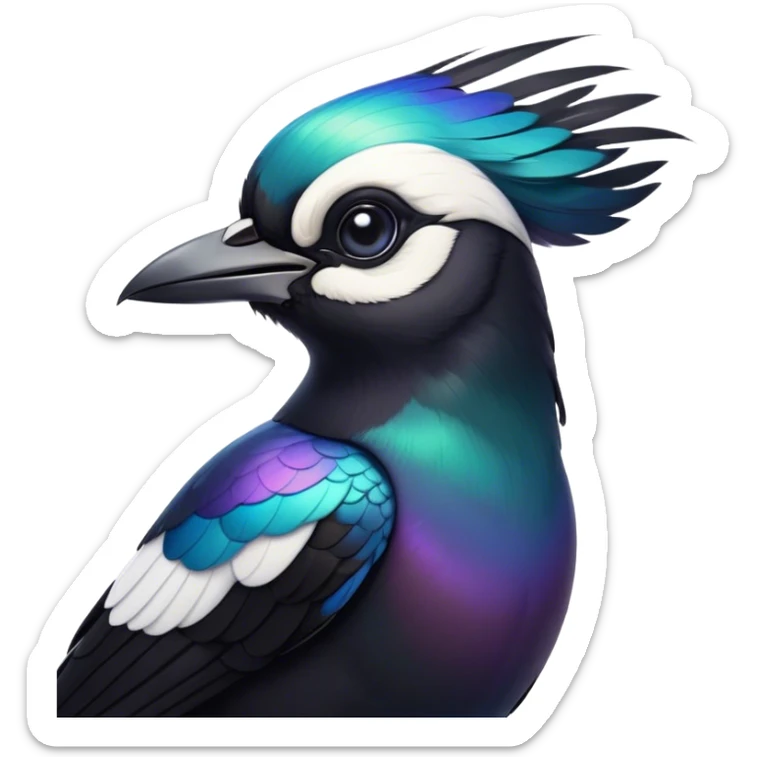 Cinematic Noble Magpie Portrait Emoji, Poised and sleek, with striking, iridescent black and white plumage, a sharp, inquisitive beak, and intense, observant eyes, Simplified yet sharp and sophisticated features, highly detailed, glowing with a soft, urban gleam, high shine, intelligent and graceful, stylized with an air of mischievous charm, focused and alert, soft glowing outline, capturing the essence of a watchful and confident magpie that appears ready to dart out of the screen with effortless authority! sticker