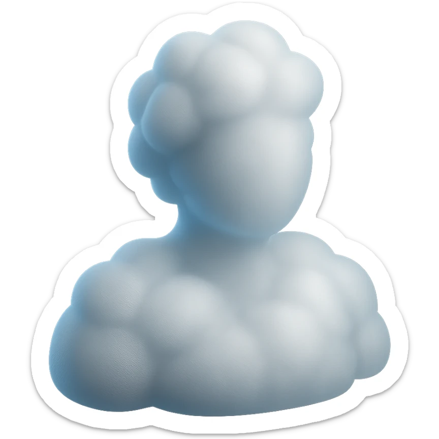 front view of a person made entirely of white fluffy convex clouds, shoulders visible, matte glass style sticker