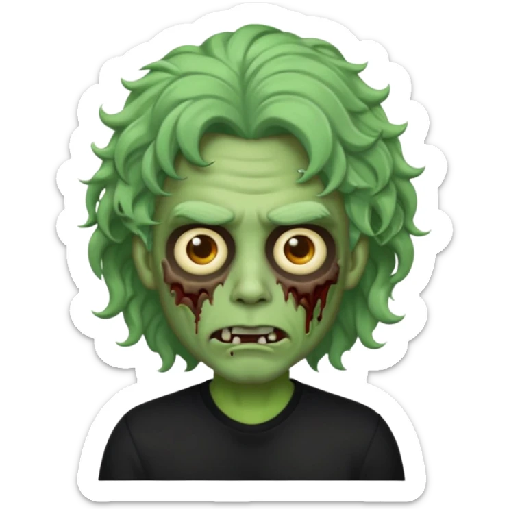 Emoji masculino de zumbi estilo iPhone,com cabelo ondulado grande, camisa preta e brincos sticker