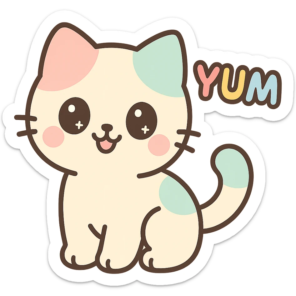 cute Chinese-style kitten, playful and charming, with the word 'yum' in vibrant colors, suitable for an emoji or sticker sticker