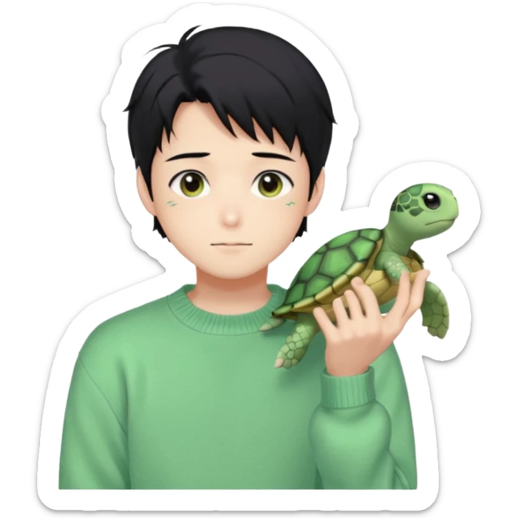 Gorgeous pastel green sweater black hair anime style shojo guy with blushing face and, turtle, aesthetic, trending style outside  sticker