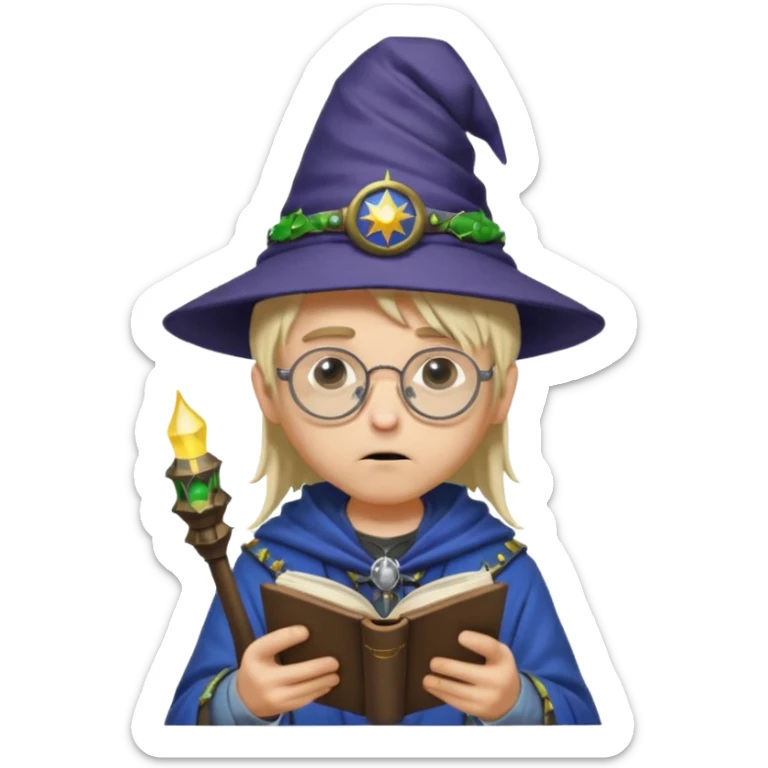 ["A sad boy with light skin, straight hair, wearing a wizard hat and round glasses, dressed in punk fashion, is reading a book while holding a phone."] sticker