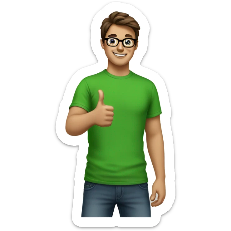 male nerd brown hair thumbs up using green t-shirt sticker
